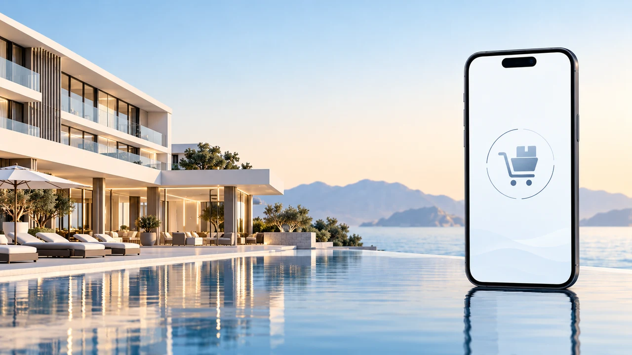 Ilustración de un hotel junto al mar y un teléfono con un carrito de compras, como representación del software de compras hoteleras.