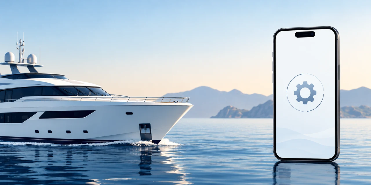 Ilustración de un yate en el mar junto a un teléfono con un símbolo de gestión de software.